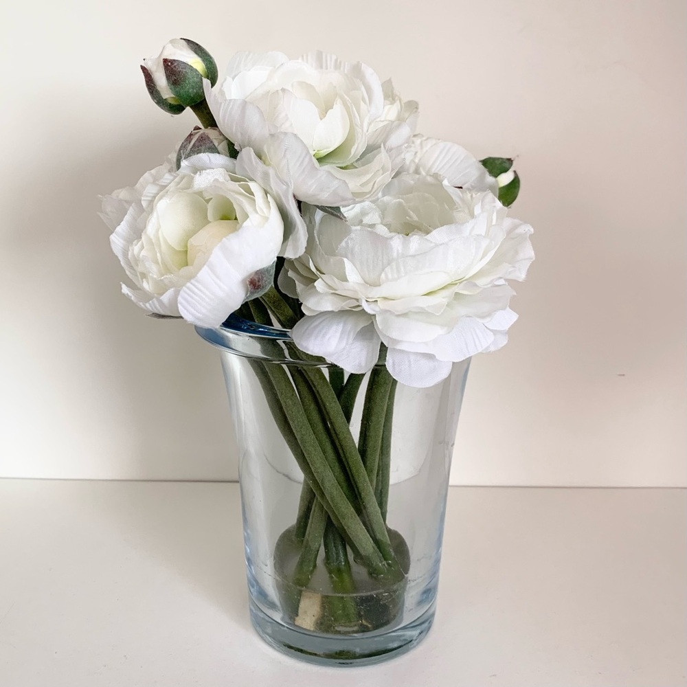 Thomas O’Brien Faux flowers in blue glass vase